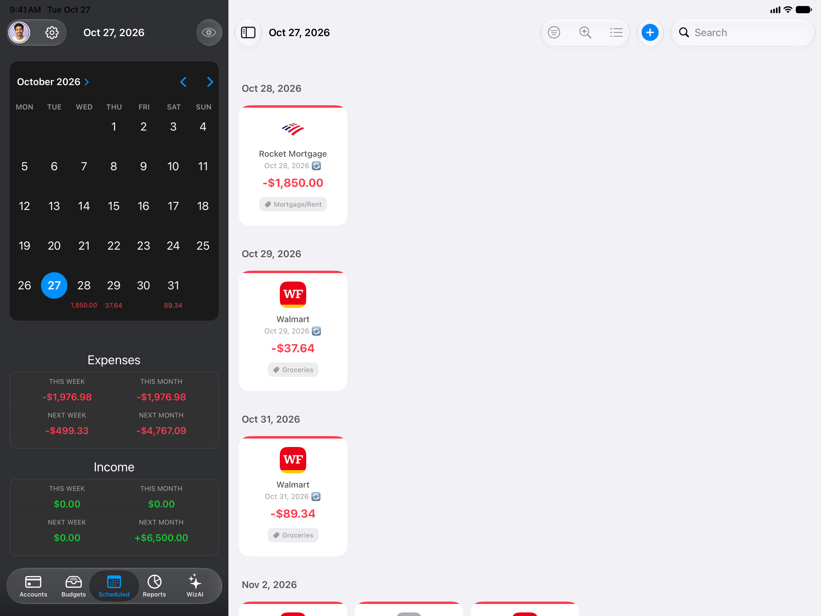 MoneyWiz bills screen on iPad