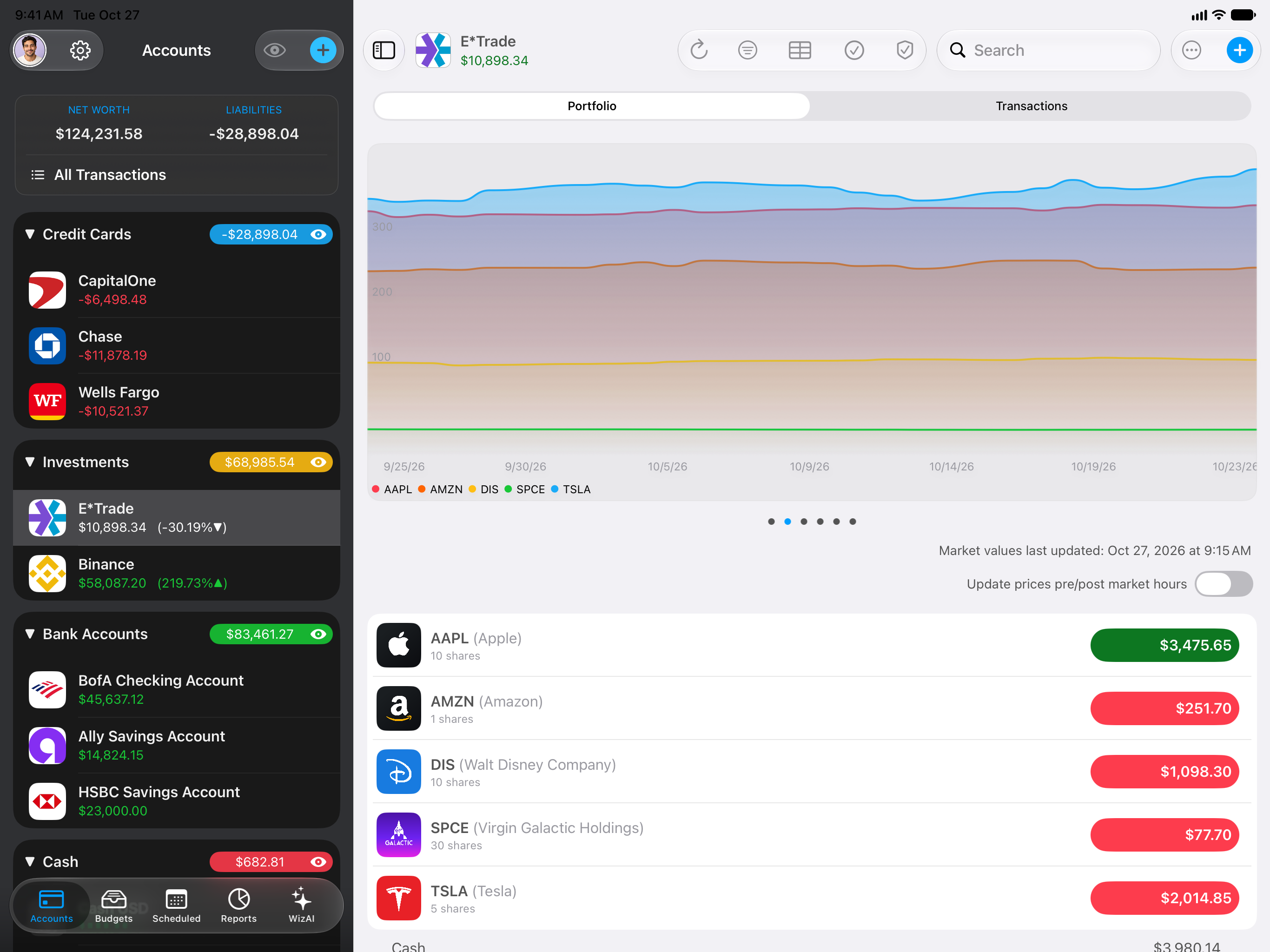 MoneyWiz investments and everyday accounts with fictional holdings