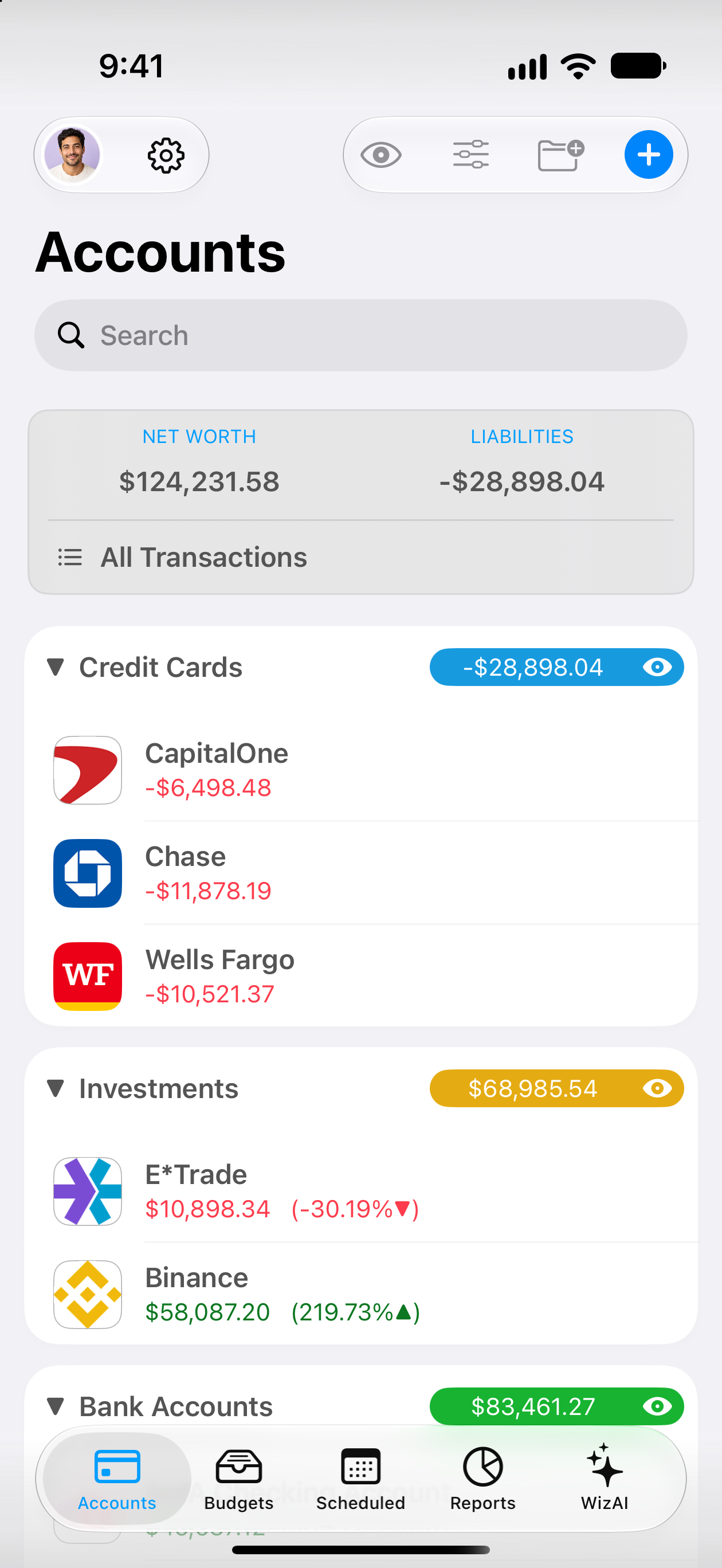 MoneyWiz bank connections screen on iPhone