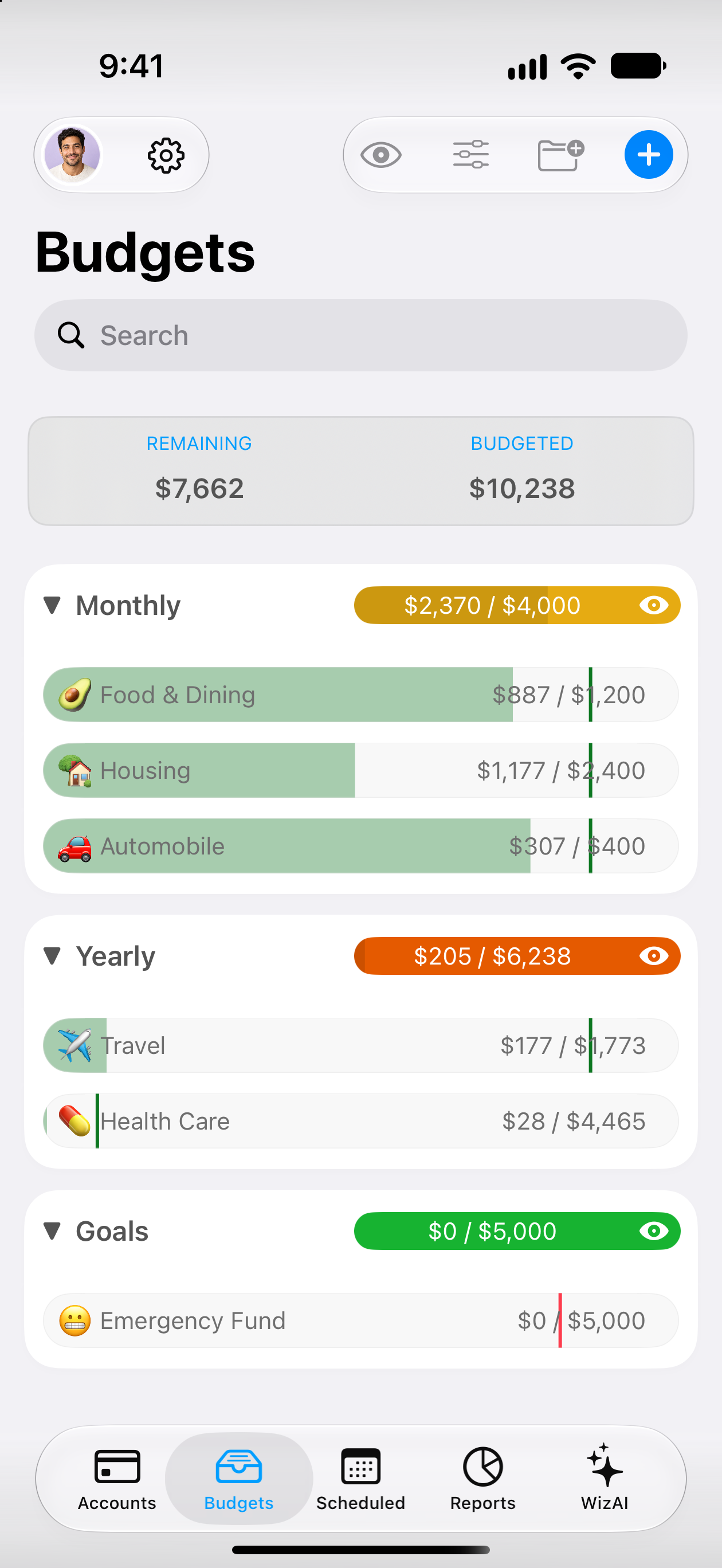 MoneyWiz budgets screen on iPhone