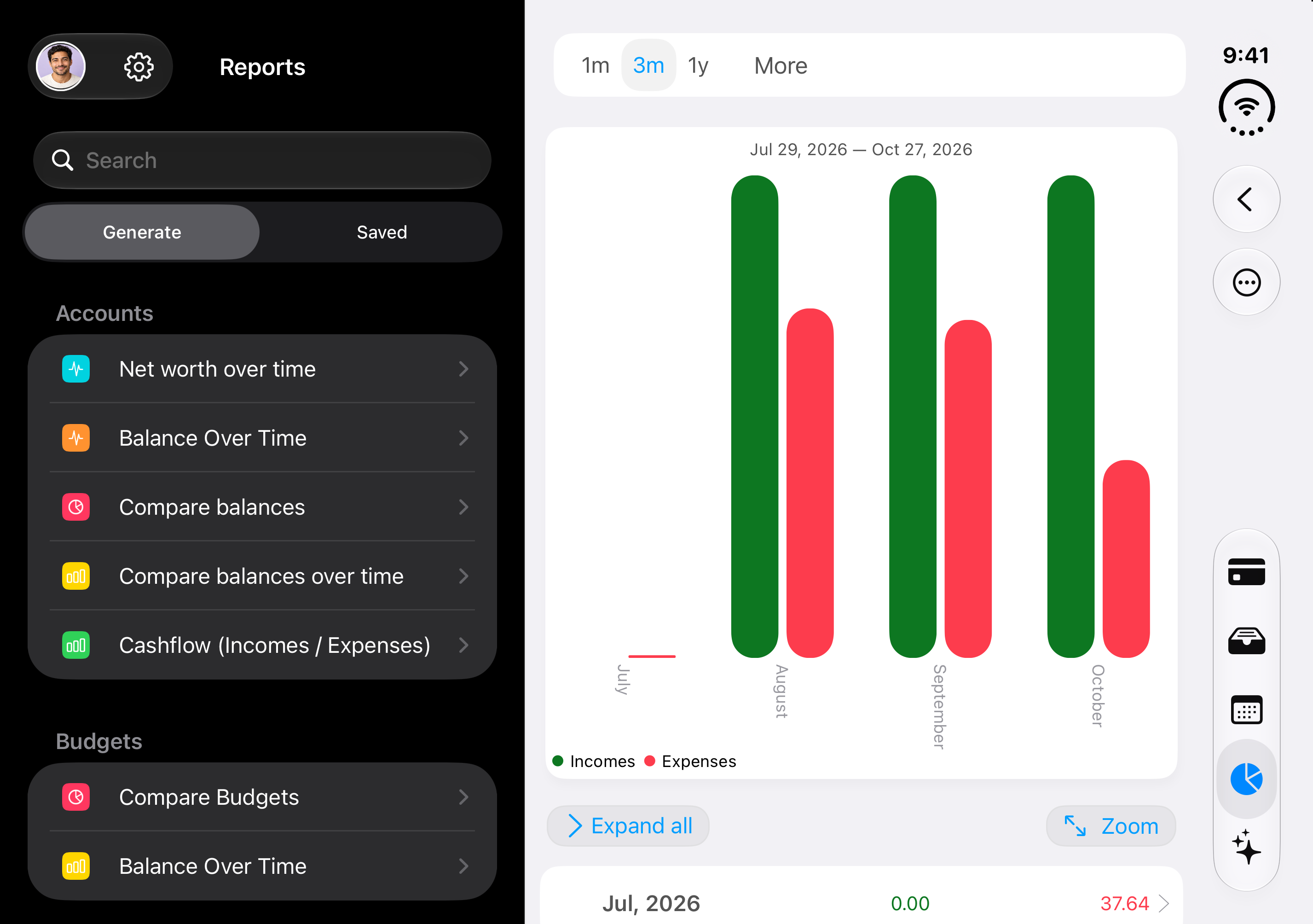 MoneyWiz on iPhone Duo, partly folded: a cash flow report, sample data