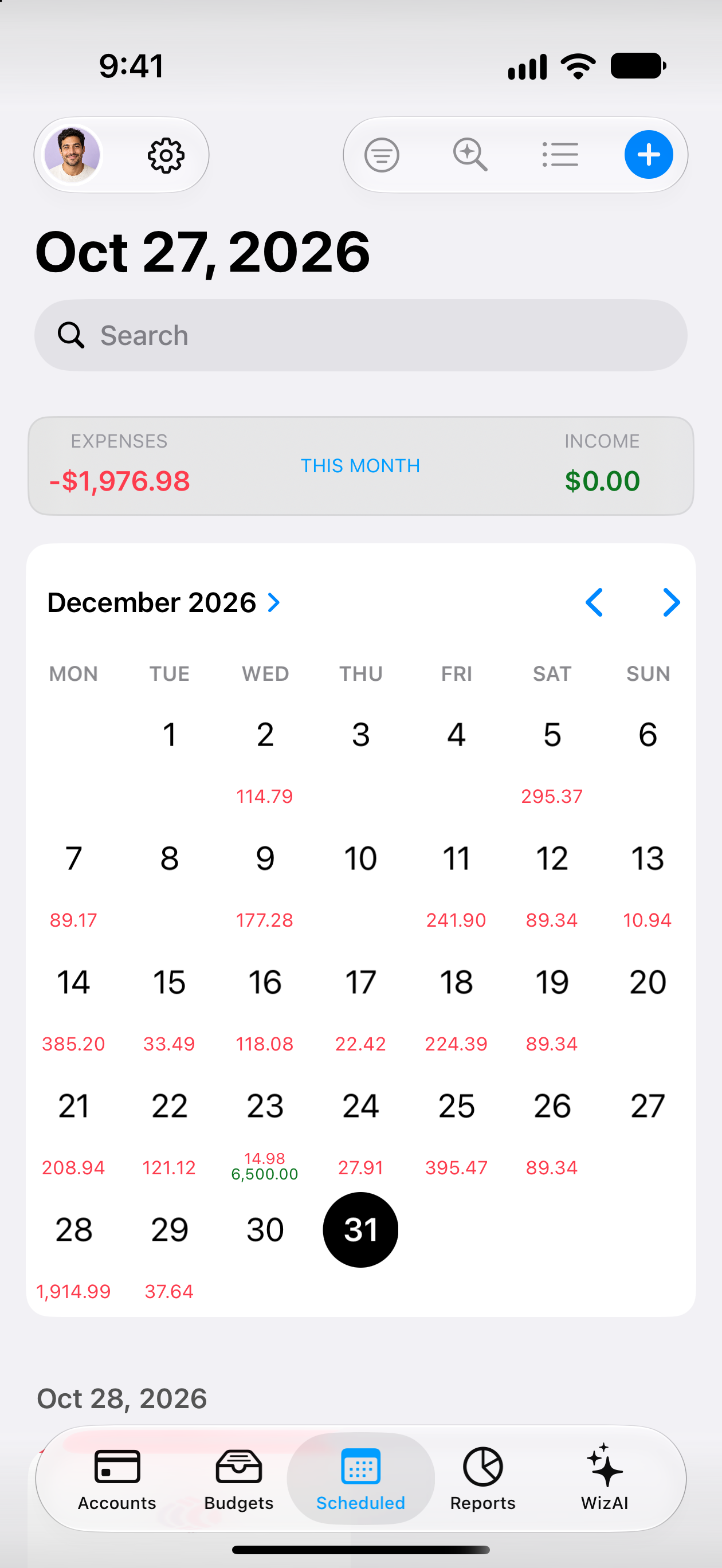 MoneyWiz bills calendar on iPhone with December 31 selected, sample data