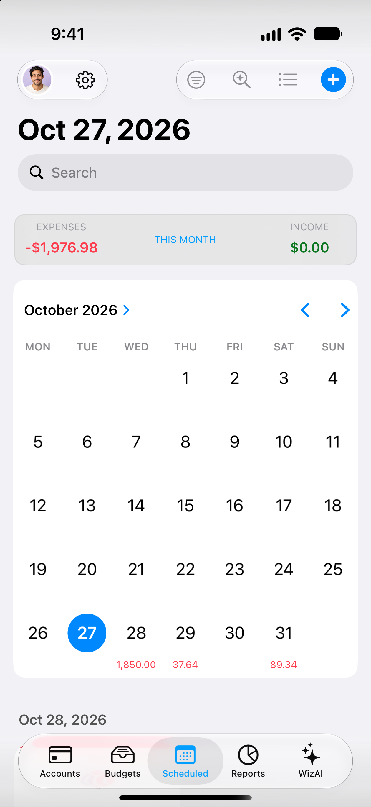 MoneyWiz bills screen on iPhone