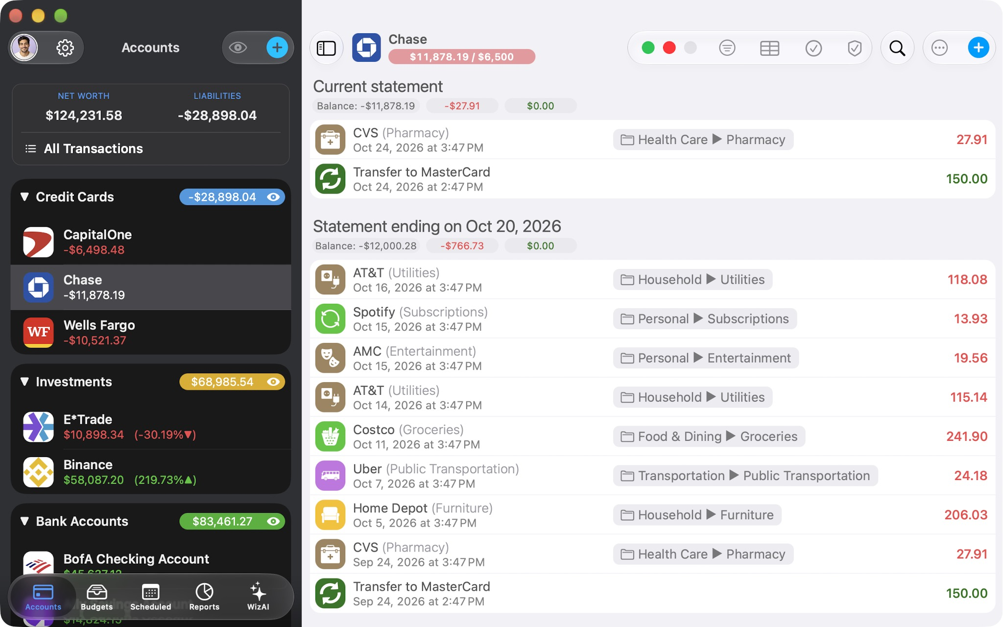 MoneyWiz account register on Mac