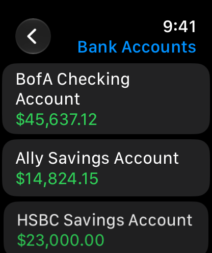 MoneyWiz account balances on Apple Watch, sample data